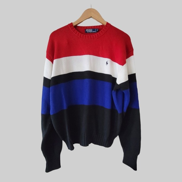 Polo Ralph Lauren Red White Blue Striped Crew Neck Knit Sweater Cotton Color Blk - Picture 1 of 7